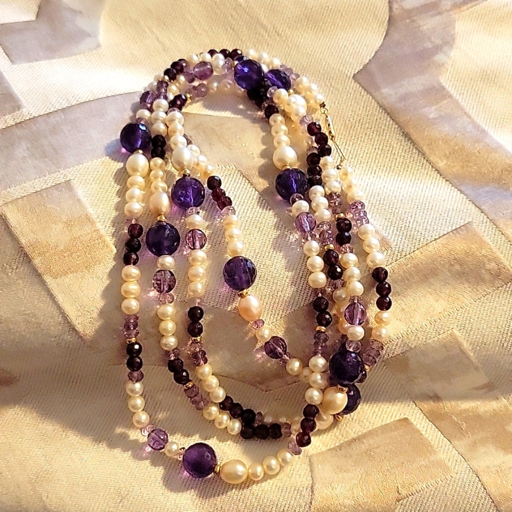 Luxurious Amethyst, Pearl & 14K Yellow Gold 42" Necklace